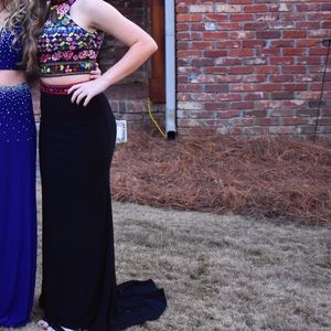 Open Back Black Embroidered Two Piece Prom Dress